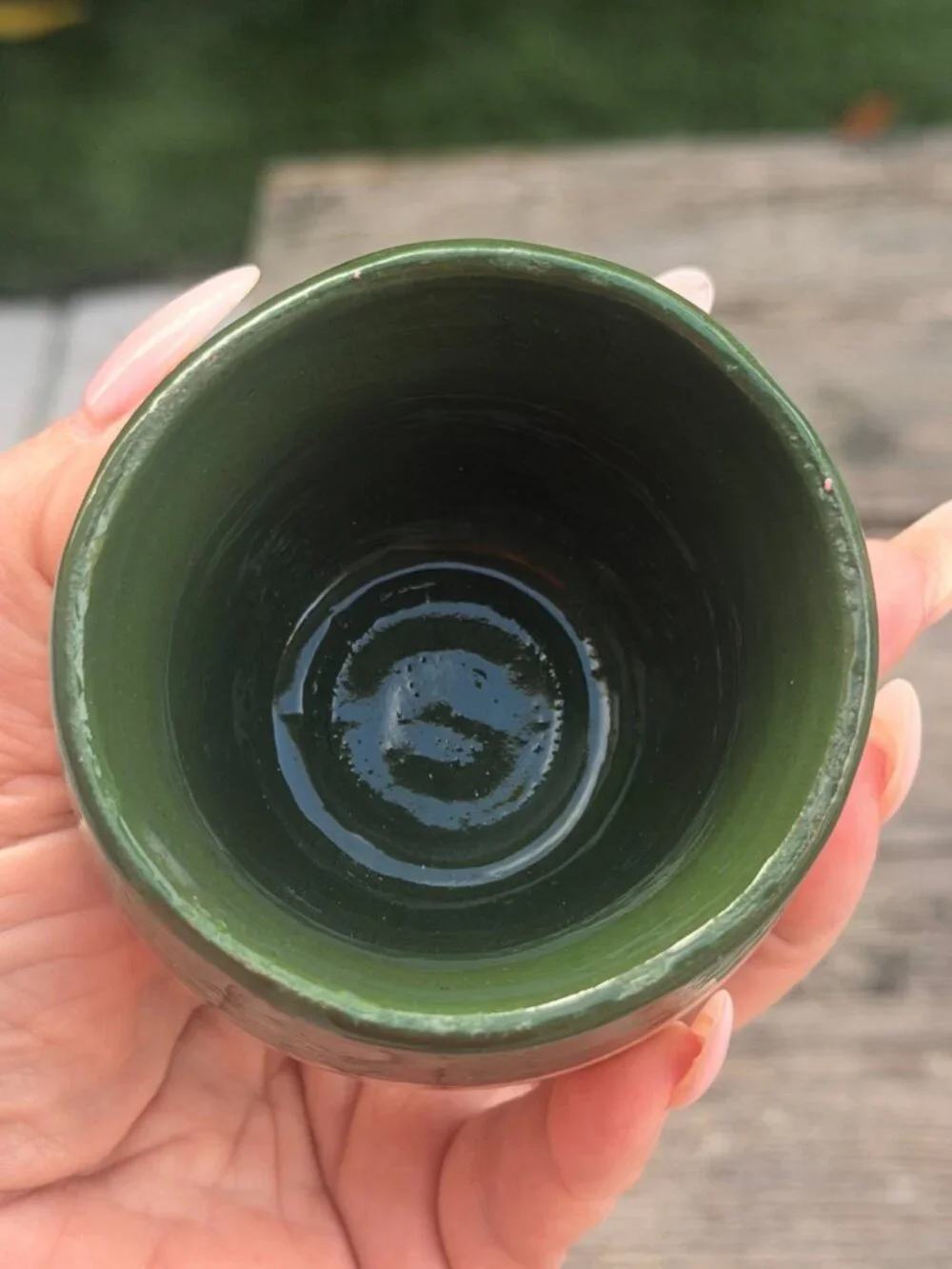Vintage Studio Art Pottery Stoneware Tea Sake Cup Tumbler Tan Green Marked NAO